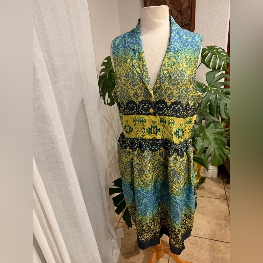 Pendleton Marika Tapestry 100% Silk Dress Women’s 14 Blue Green Boho Sleeveless